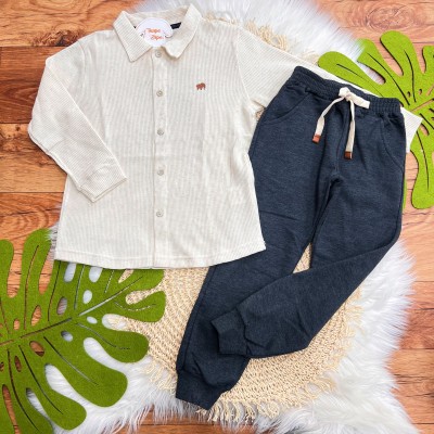 Conj. Camisa Manga Longa de Linho e Calça de Moletom - Areia e Chumbo